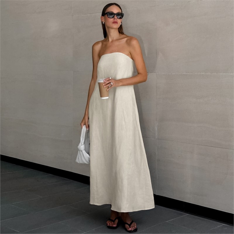Linen Dress Wrap - ファッションエレガントなシンプルなデザインのストラップレスコットンリネンロングドレス女性の夏の固体 A ライン背中の開いたラップ胸マキシ Vestidos