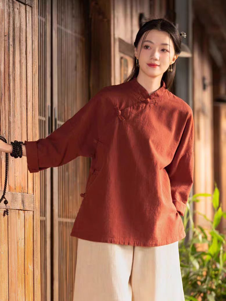 Linen Pant Wide - 新中国風ゆったり長袖綿麻シャツセット レディース 秋冬 ワイドレッグパンツ トップス ツーピーススーツ