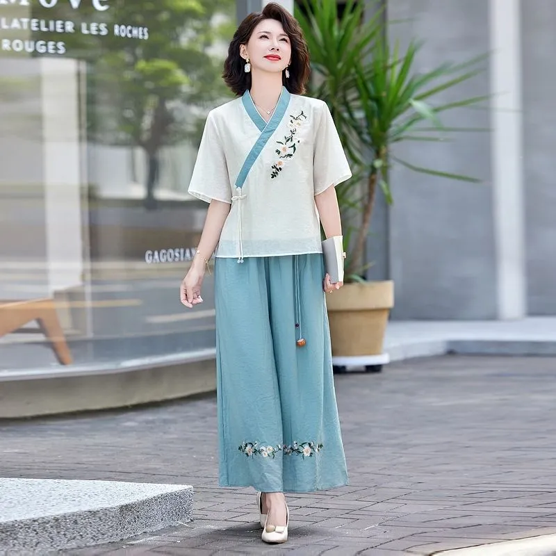 Linen Pant Wide - レディース新中国風リネンツーピースセットカジュアル夏服お母さん向け