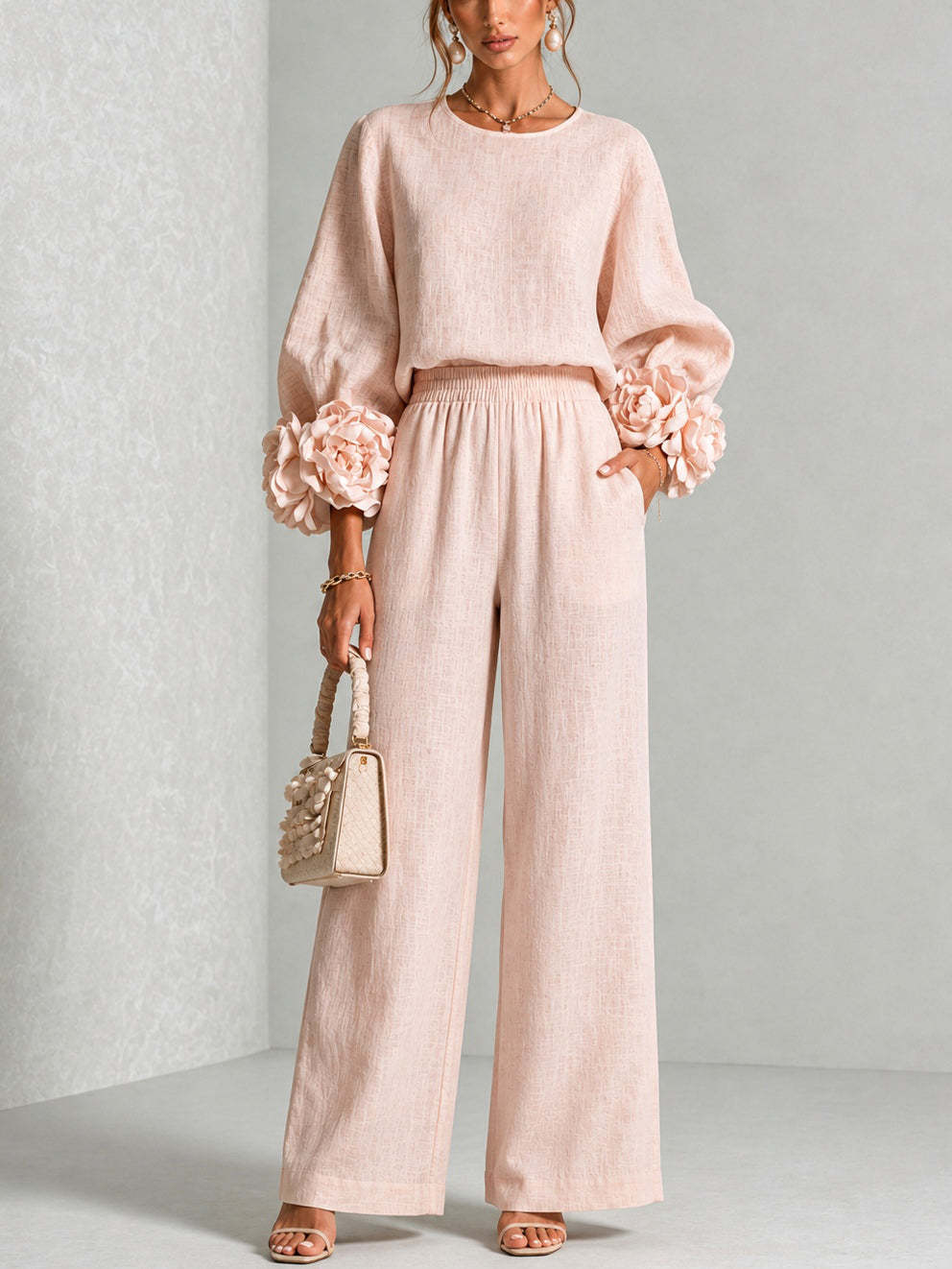 Linen Pant Wide - レディース2ピースリネンセットアップ Oネック 3Dフラワーカフ 長袖トップス 伸縮性ハイウエスト ワイドレッグパンツ