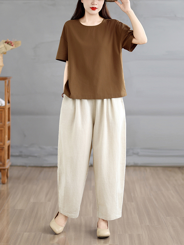 Linen Pant Wide - 夏のエスニックスタイル レディース ルーズワイドレッグパンツ ツーピースセット リネンカジュアルトップス＆ボトムス マッチングコーデ