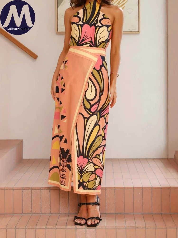 セット 2 ピース女性夏の新しいセクシーなプリントノースリー - Linen Dress Wrap のレビューと価格