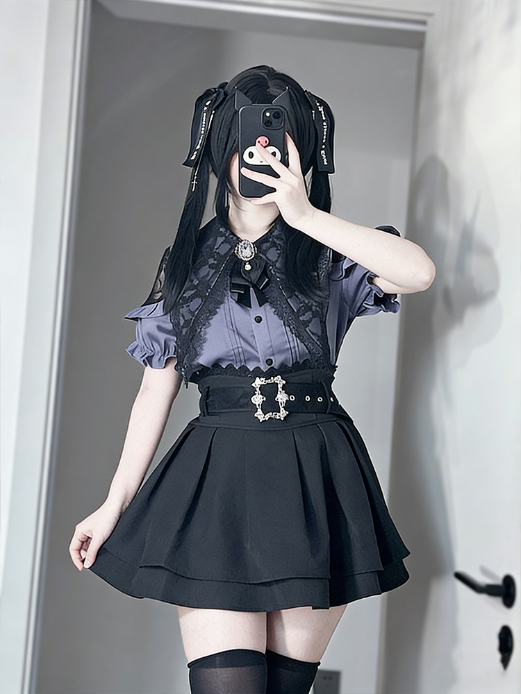 ゴシックスタイルの肩出しシャツとハイウエストミニスカートのツ - Blouse Off Shoulder のレビューと価格