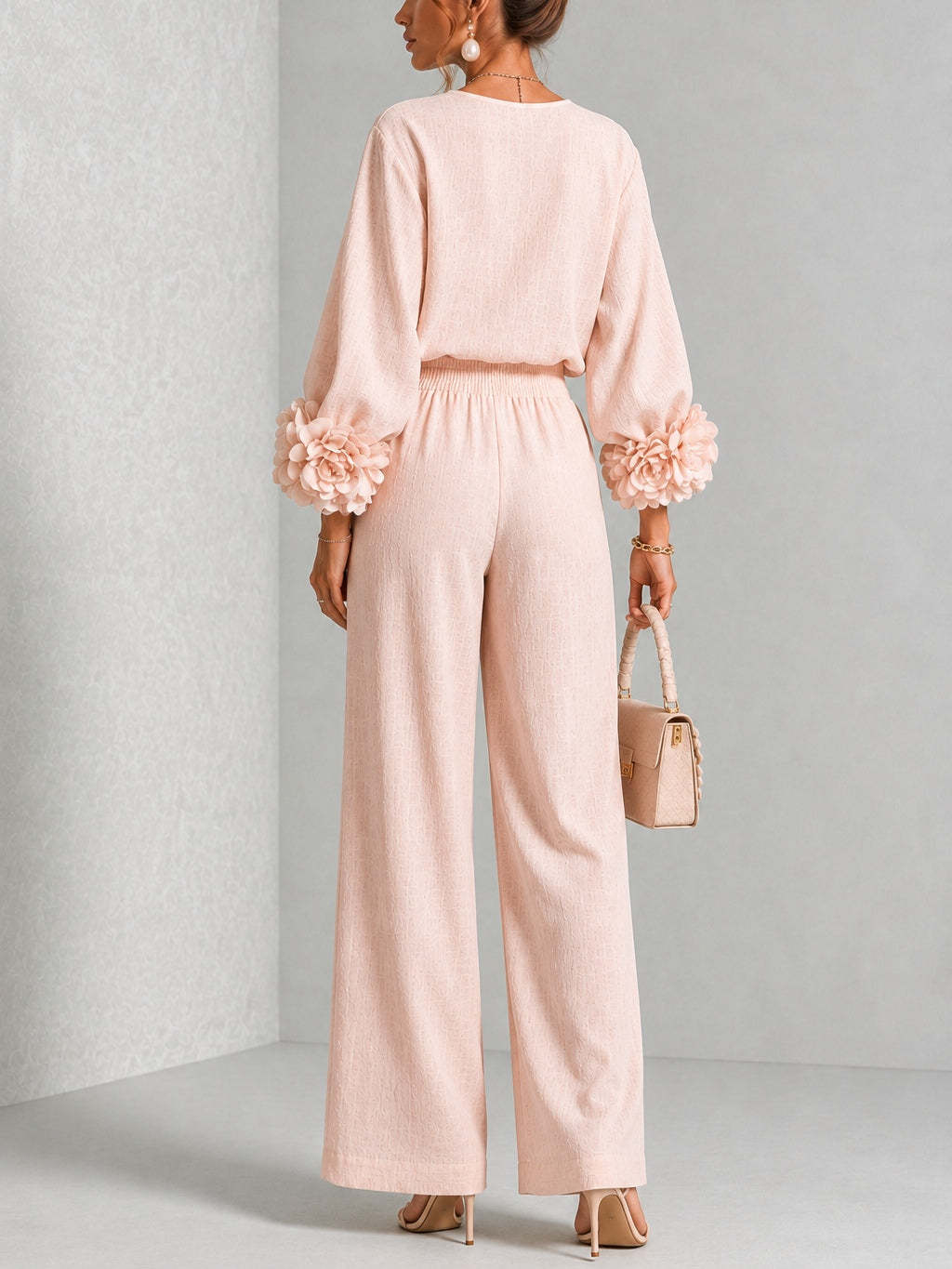 レディース2ピースリネンセットアップ Oネック 3Dフラワー - Linen Pant Wide のレビューと価格