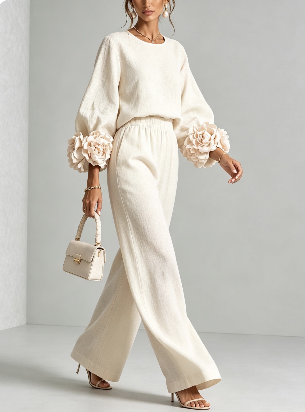 レディース2ピースリネンセットアップ Oネック 3Dフラワー - Linen Pant Wide のレビューと価格